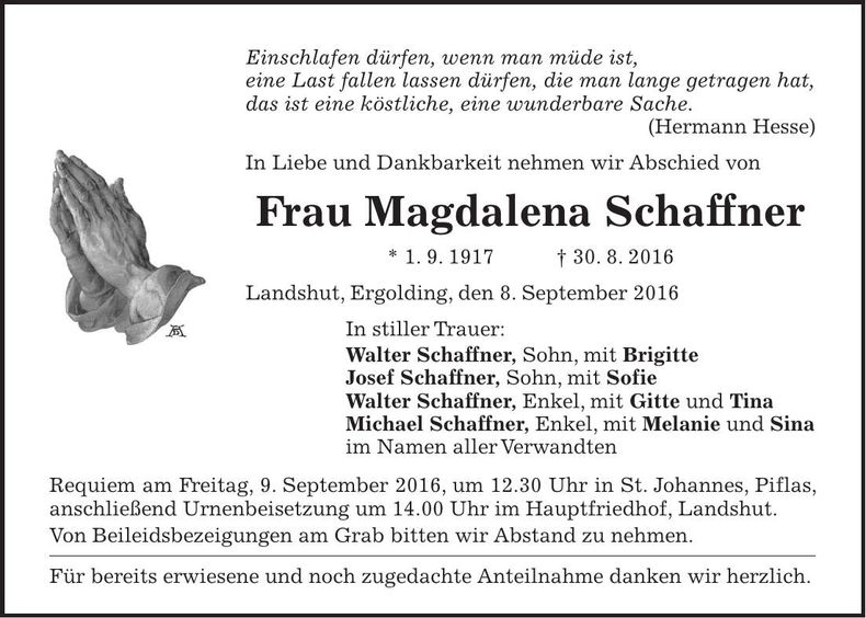 Traueranzeige Magdalena Schaffner