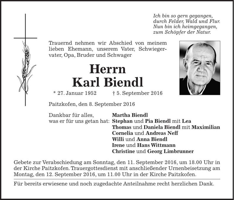 Traueranzeige Karl Biendl