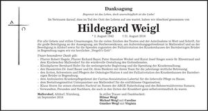 Traueranzeige Hildegard Weigl