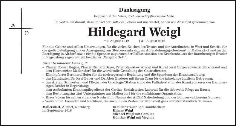 Traueranzeige Hildegard Weigl