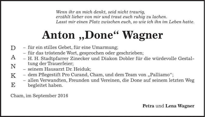 Traueranzeige Anton Wagner