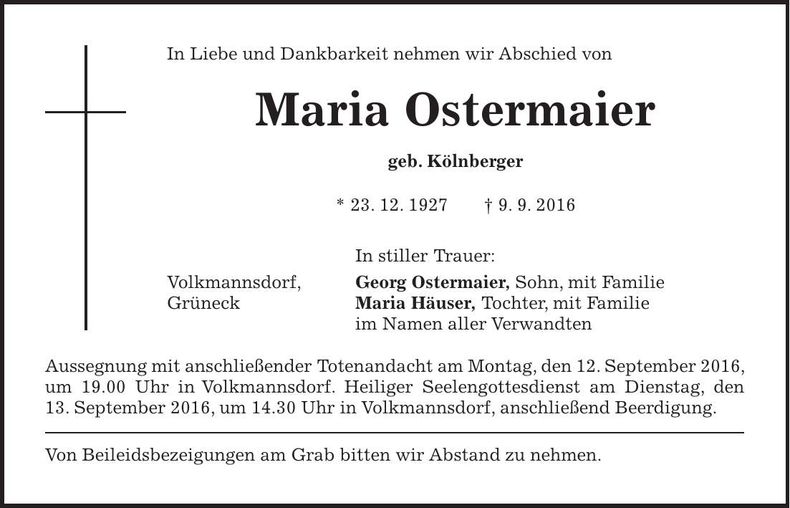 Traueranzeige Maria Ostermaier