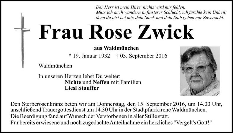 Traueranzeige Rose Zwick
