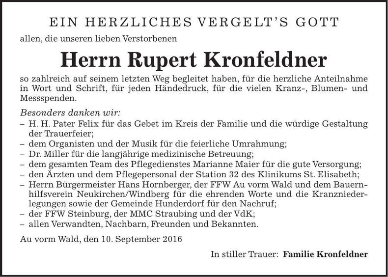 Traueranzeige Rupert Kronfeldner