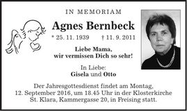Traueranzeige Agnes Bernbeck