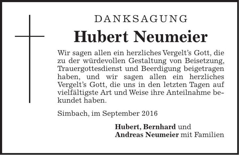 Traueranzeige Hubert Neumeier