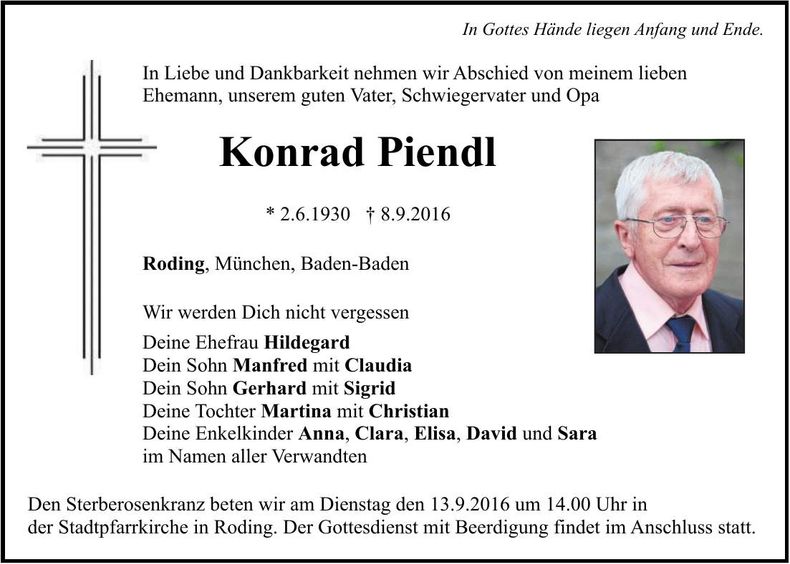 Traueranzeige Konrad Piendl