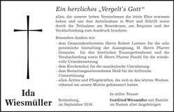 Traueranzeige Ida Wiesmüller