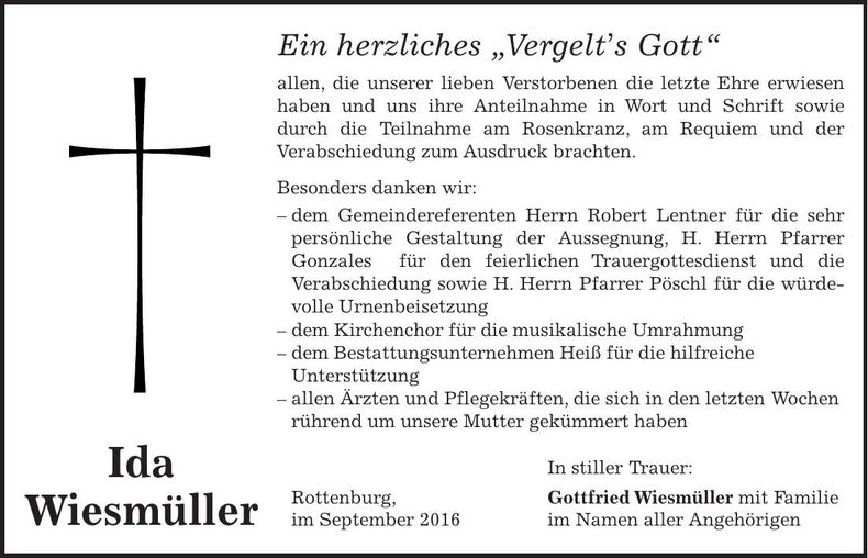 Traueranzeige Ida Wiesmüller