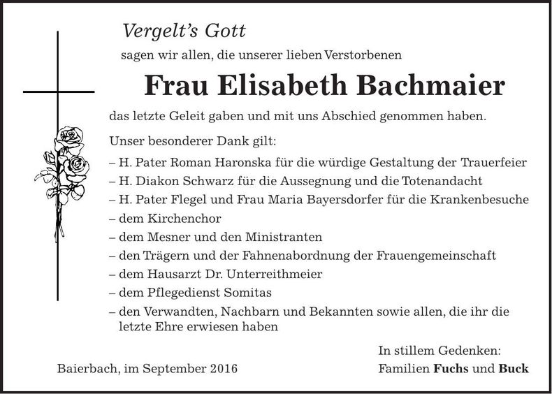Traueranzeige Elisabeth Bachmaier