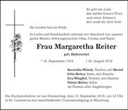 Traueranzeige Margaretha Reiter