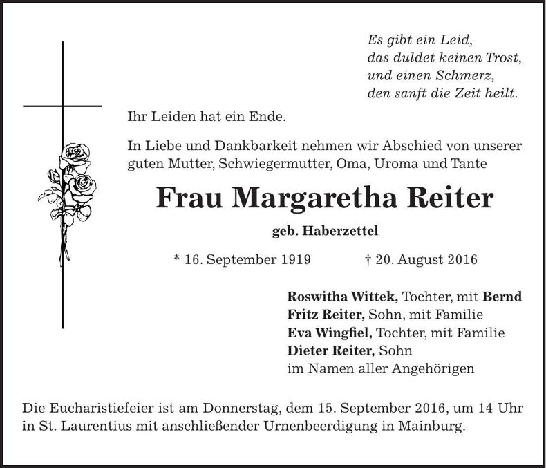 Traueranzeige Margaretha Reiter