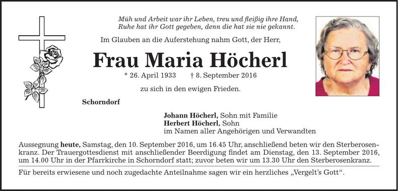 Traueranzeige Maria Höcherl