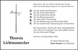 Traueranzeige Theresia Lichtmannecker