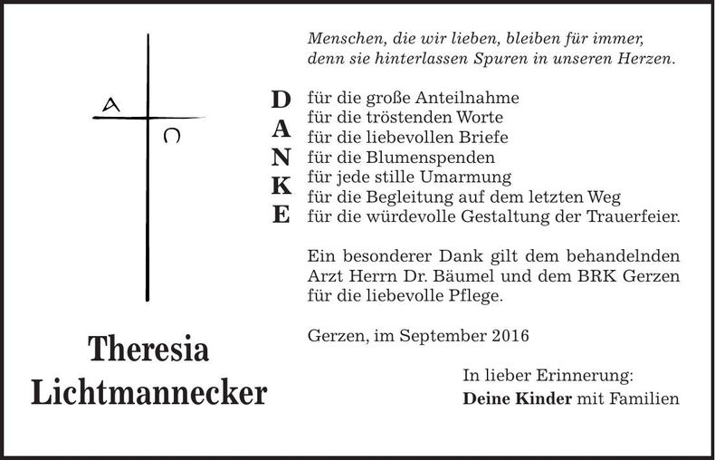 Traueranzeige Theresia Lichtmannecker