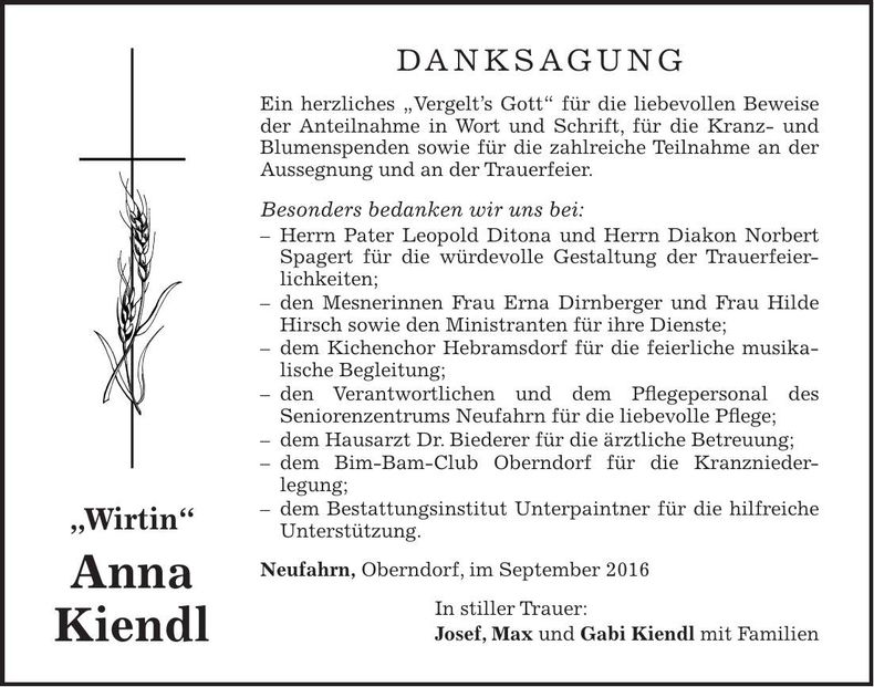 Traueranzeige Anna Kiendl