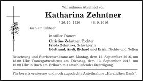 Traueranzeige Katharina Zehntner