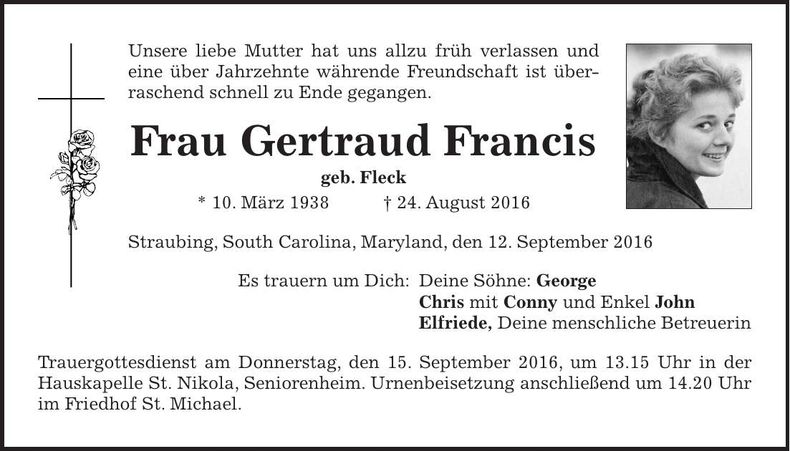Traueranzeige Gertraud Francis