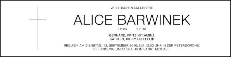 Traueranzeige Alice Barwinek