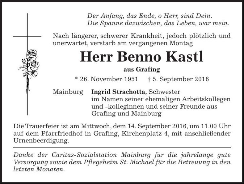 Traueranzeige Benno Kastl
