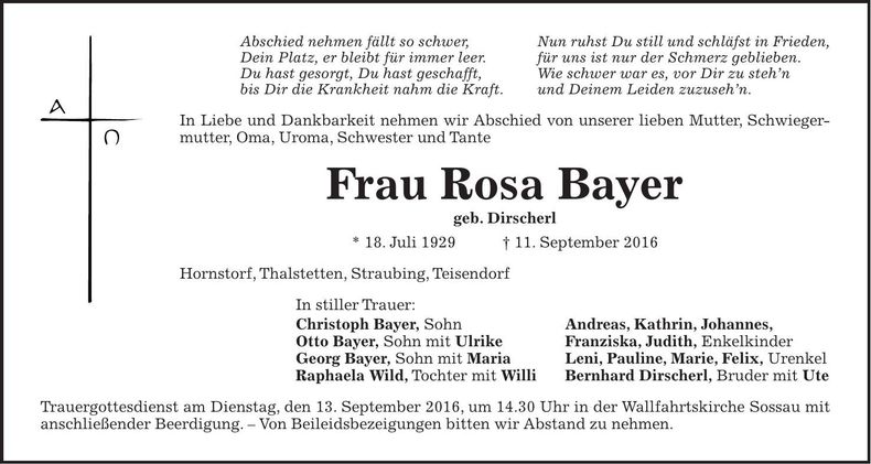 Traueranzeige Rosa Bayer