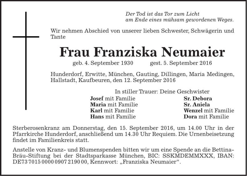 Traueranzeige Franziska Neumaier