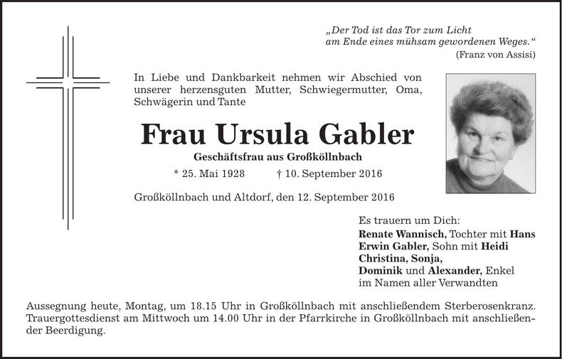 Traueranzeige Ursula Gabler