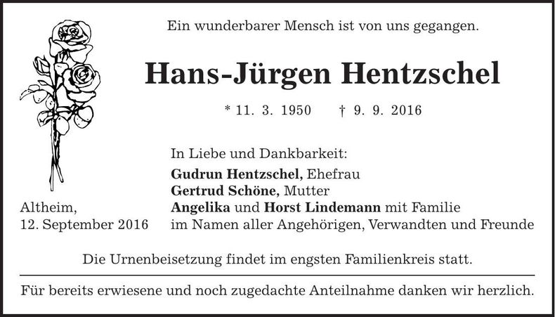 Traueranzeige Hans-Jürgen Hentzschel