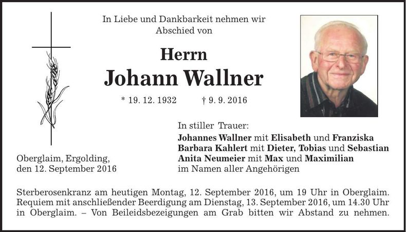 Traueranzeige Johann Wallner