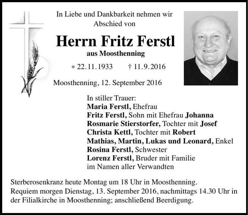Traueranzeige Fritz Ferstl