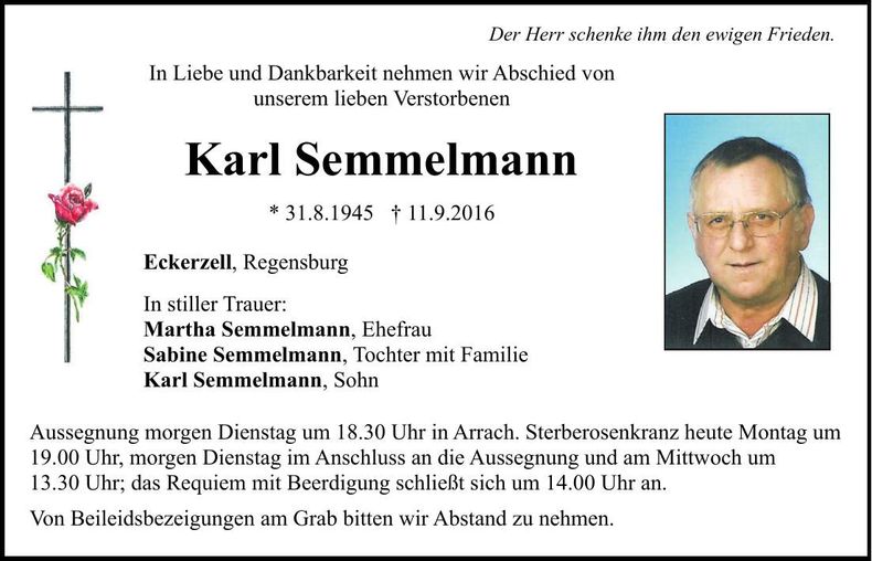 Traueranzeige Karl Semmelmann