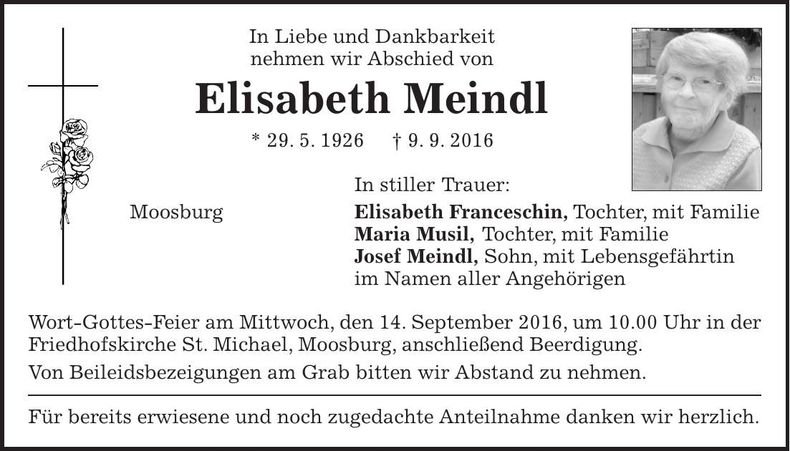 Traueranzeige Elisabeth Meindl