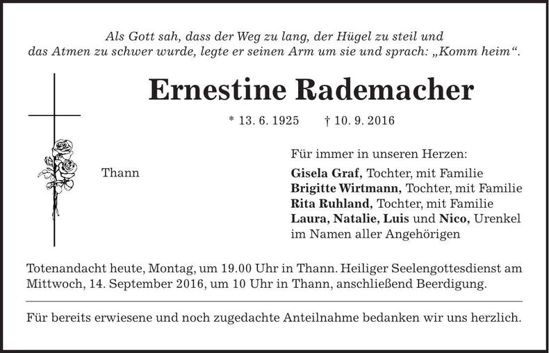 Traueranzeige Ernestine Rademacher