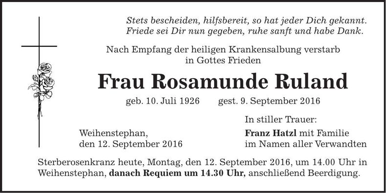 Traueranzeige Rosamunde Ruland