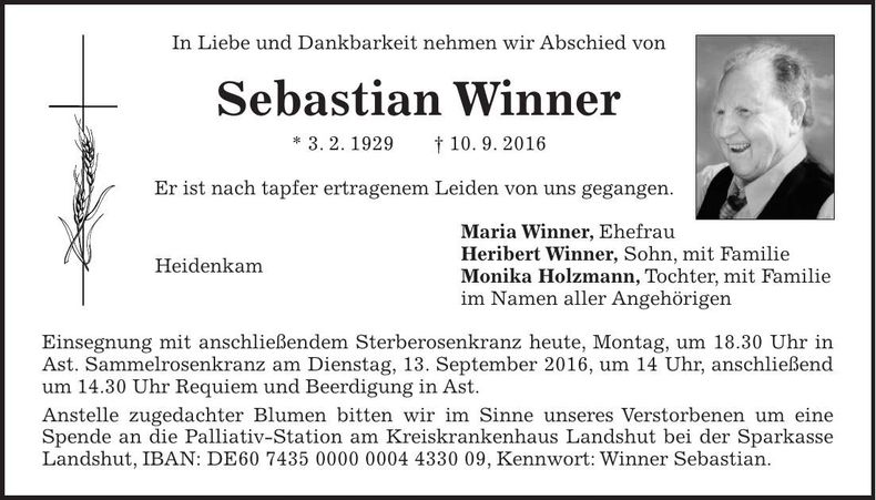 Traueranzeige Sebastian Winner