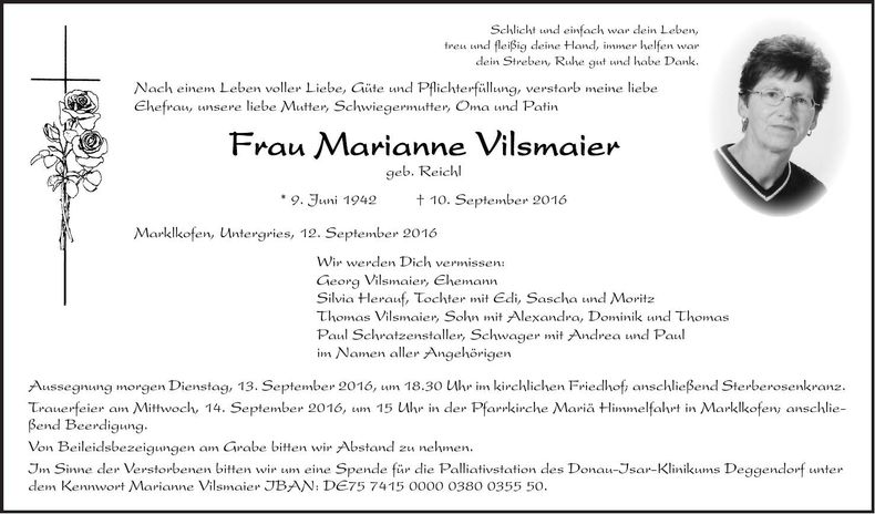 Traueranzeige Marianne Vilsmaier