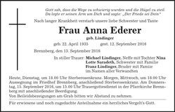 Traueranzeige Anna Ederer