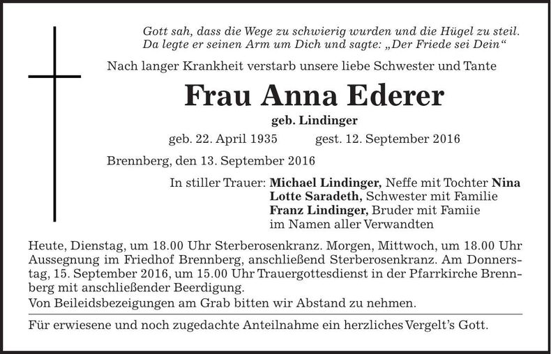 Traueranzeige Anna Ederer