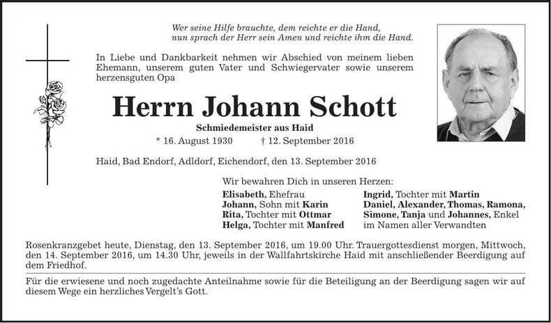 Traueranzeige Johann Schott