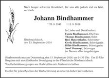 Traueranzeige Johann Bindhammer