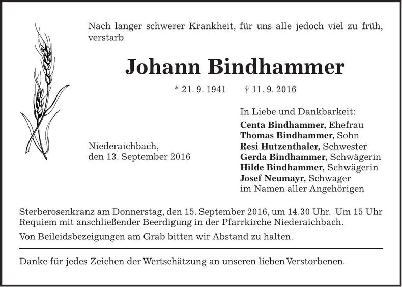 Traueranzeige Johann Bindhammer