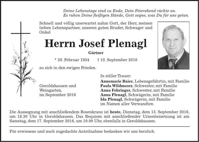 Traueranzeige Josef Plenagl