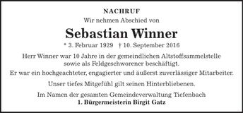 Traueranzeige Sebastian Winner