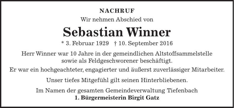 Traueranzeige Sebastian Winner