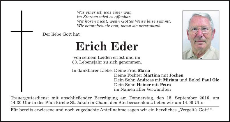 Traueranzeige Erich Eder