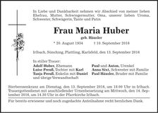 Traueranzeige Maria Huber