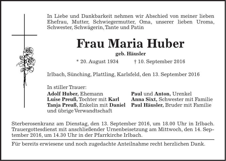 Traueranzeige Maria Huber