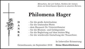 Traueranzeige Philomena Hager