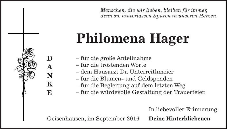 Traueranzeige Philomena Hager