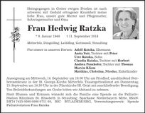 Traueranzeige Hedwig Ratzka
